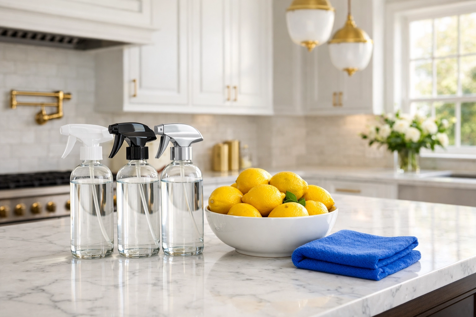 Eco-friendly luxury cleaning in Needham featuring non-toxic supplies in a high-end gourmet kitchen.
