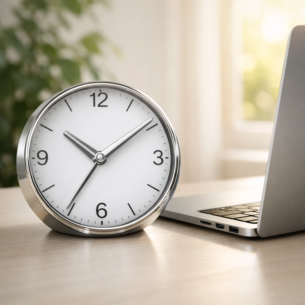 Desk clock and laptop highlighting fast, automated competitive reporting using GetHighLytics software.