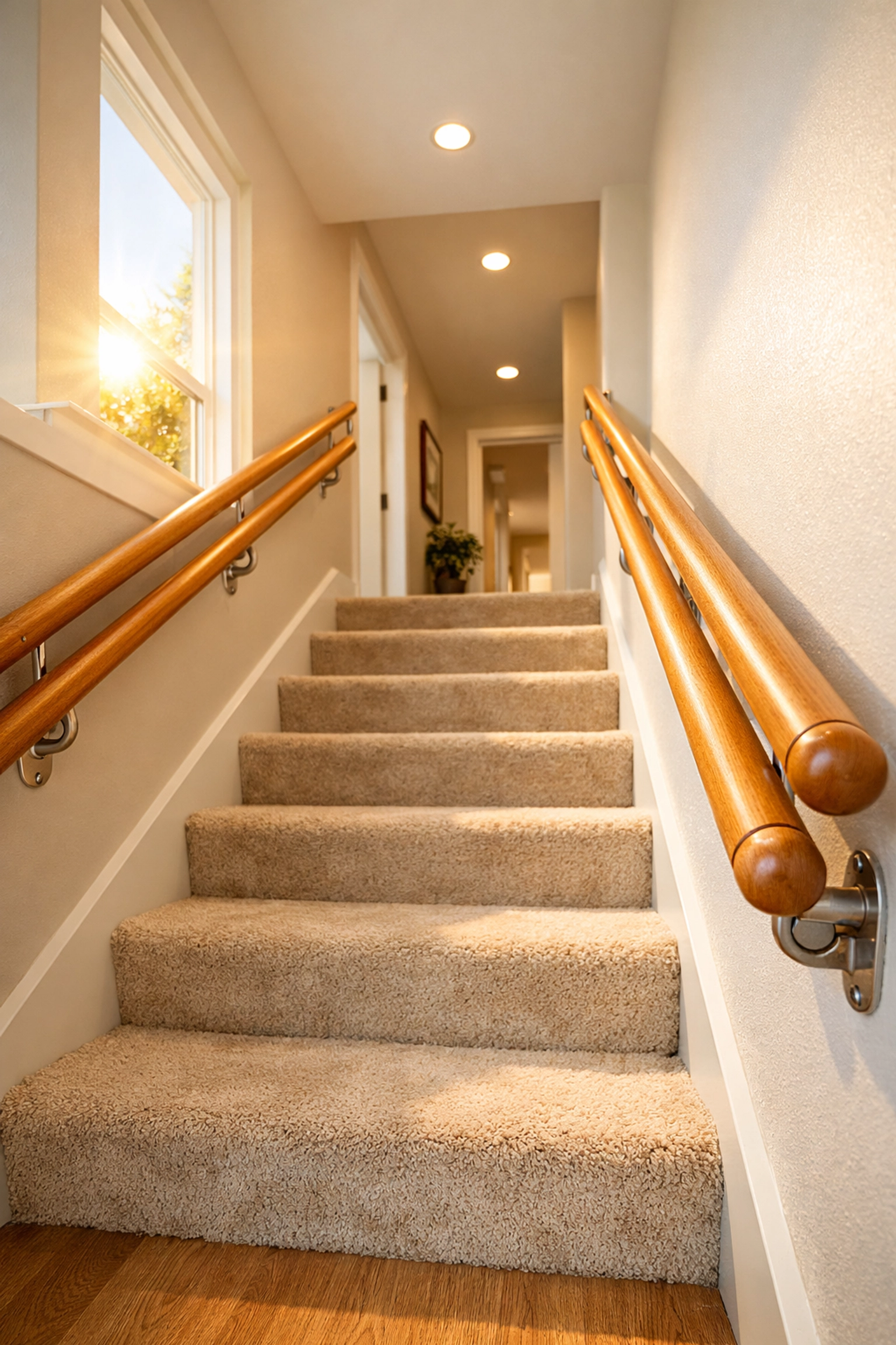 Modern wooden staircase with sturdy handrails on both sides for better balance and fall prevention.
