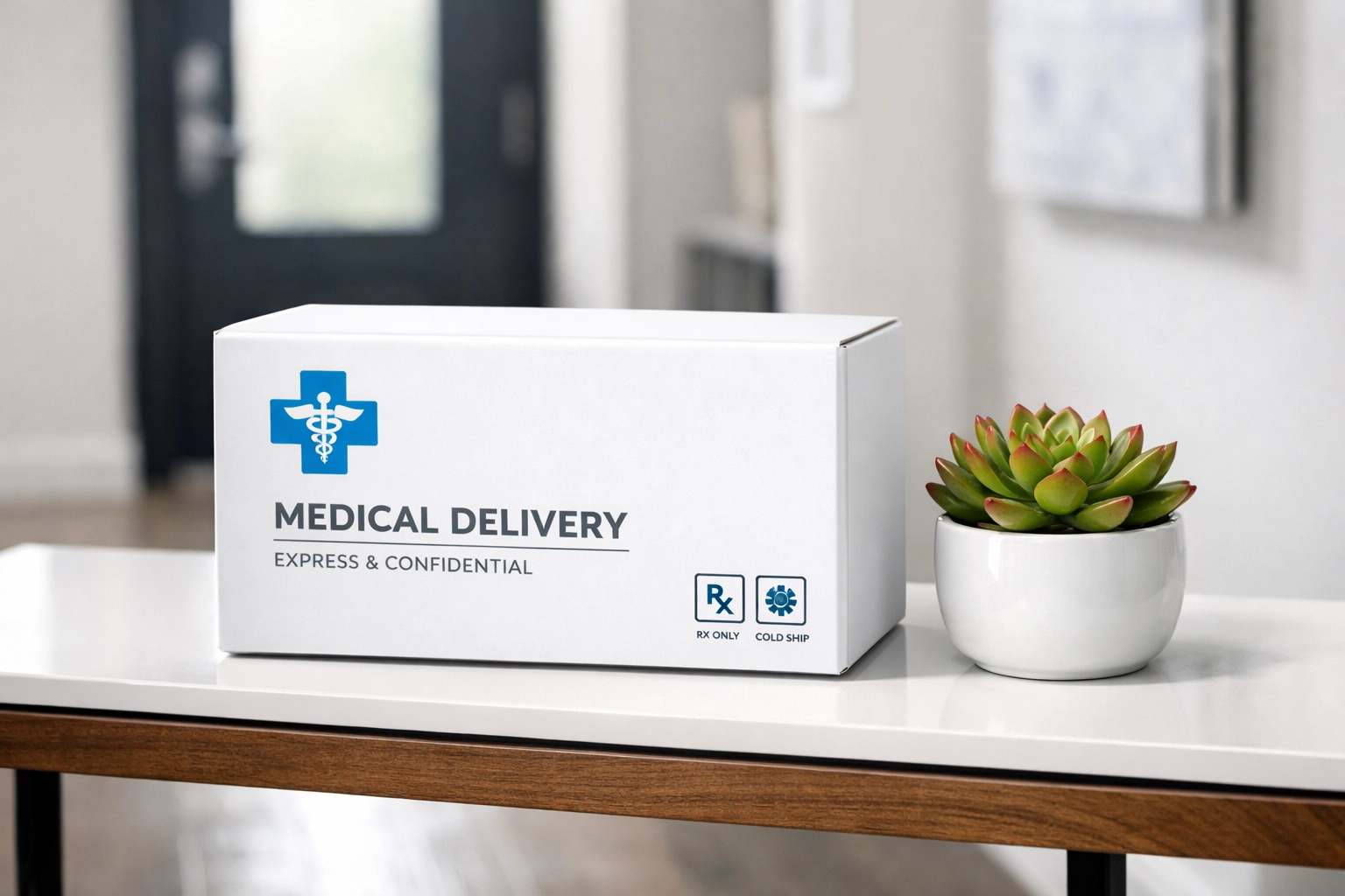 A discreet package containing weight loss medication delivered directly to a patient's home door.