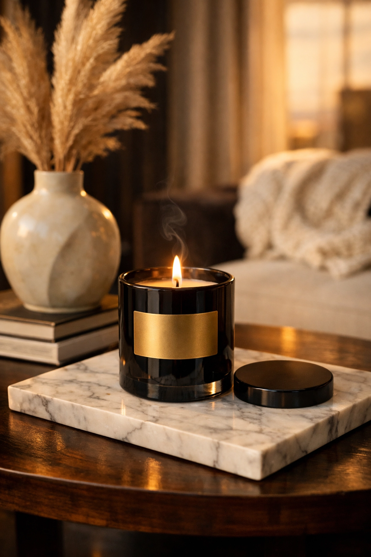Elegant black glass candle and luxury home decor accents on a marble tray in a modern living room.