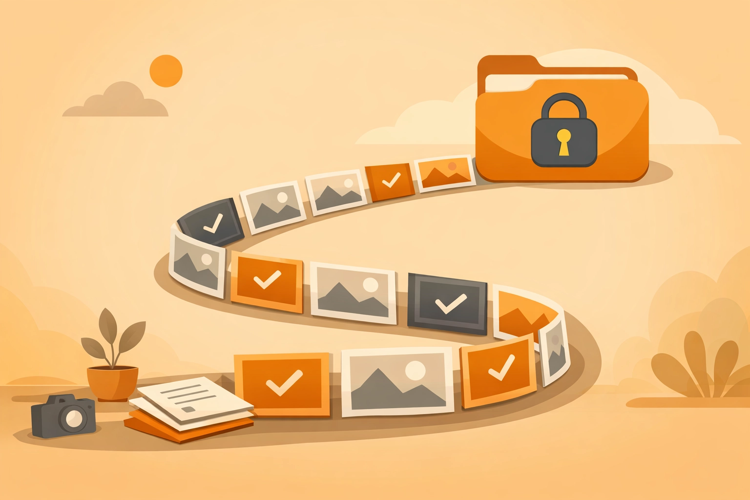 An organized path of construction job photos leading to secure digital storage for contractors.