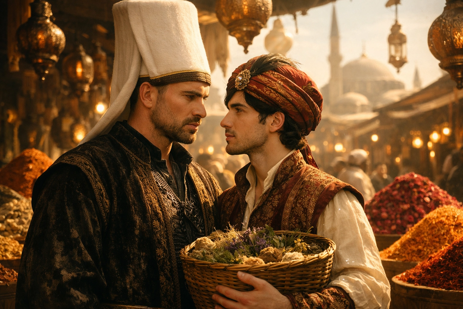A Janissary and a healer share an intense look in an Ottoman market, a classic historical MM romance scene.