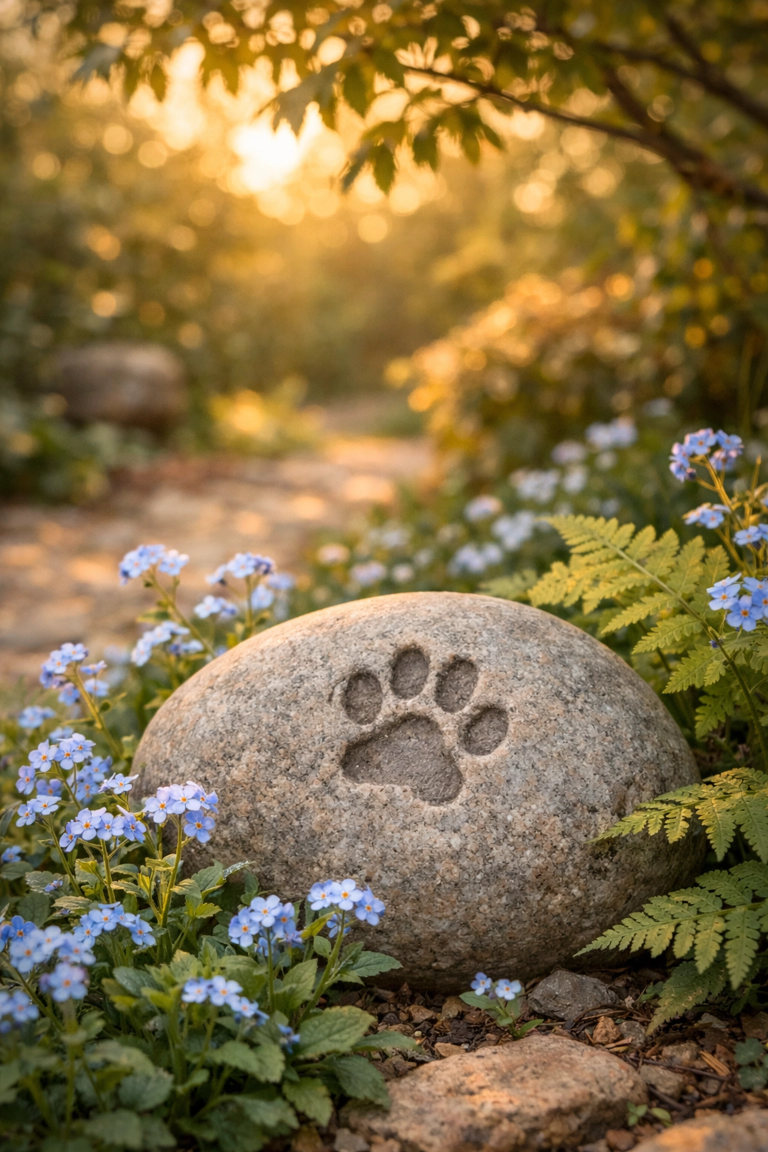 A peaceful pet memorial garden featuring an engraved paw print stone and blue forget-me-nots.