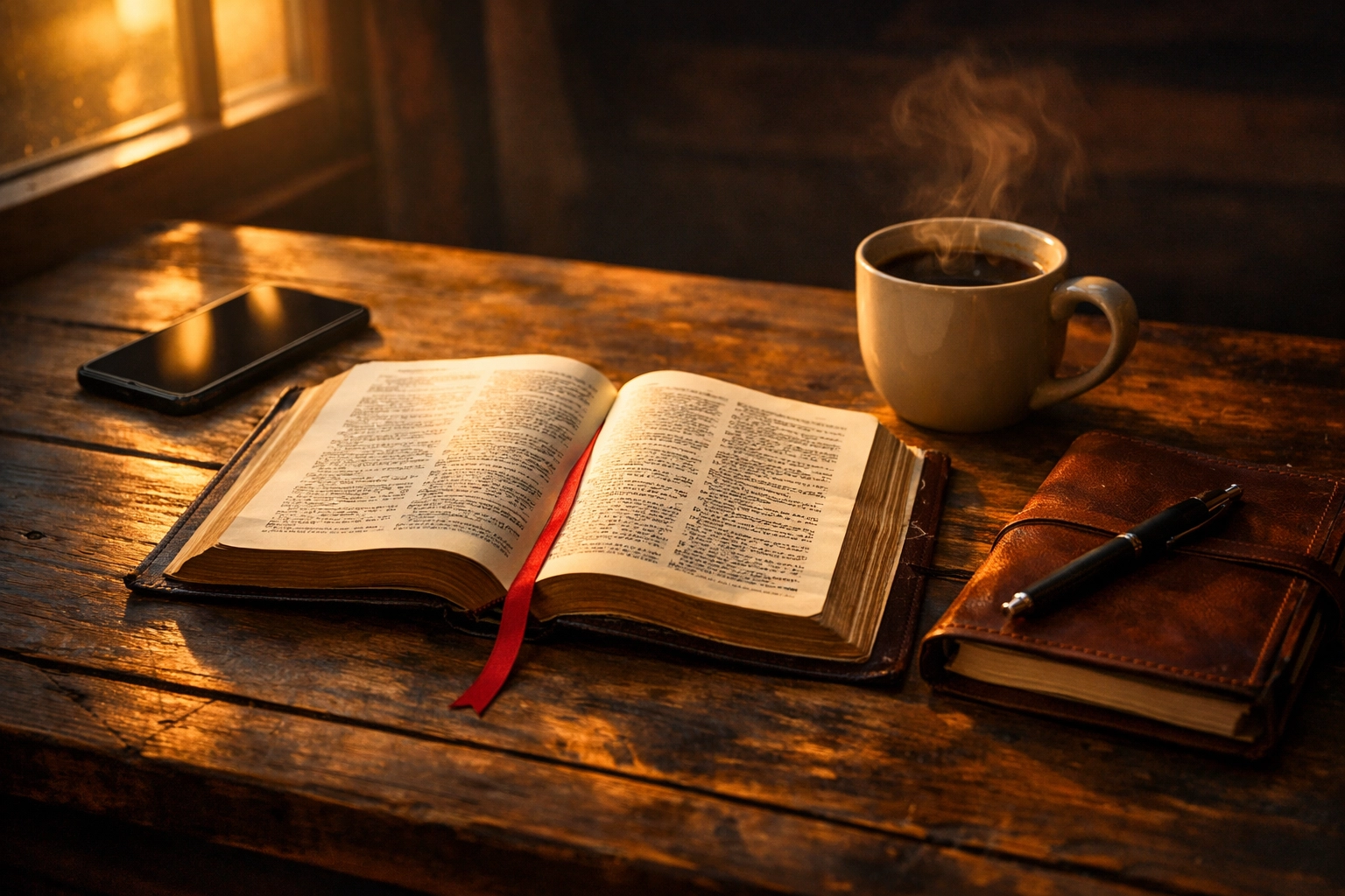 Open Bible with phone face-down and coffee showing intentional grounded news consumption