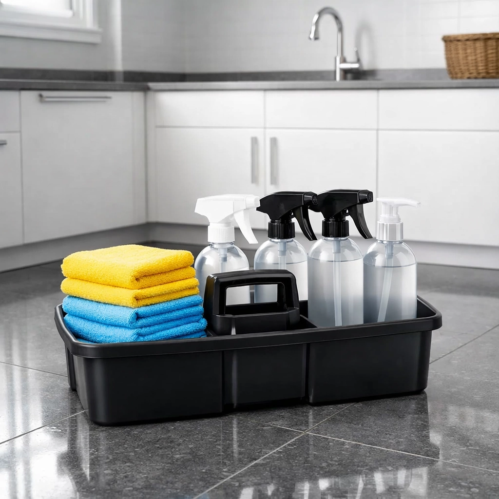 Professional cleaning supplies and an organized caddy for sanitizing surfaces and home maintenance.