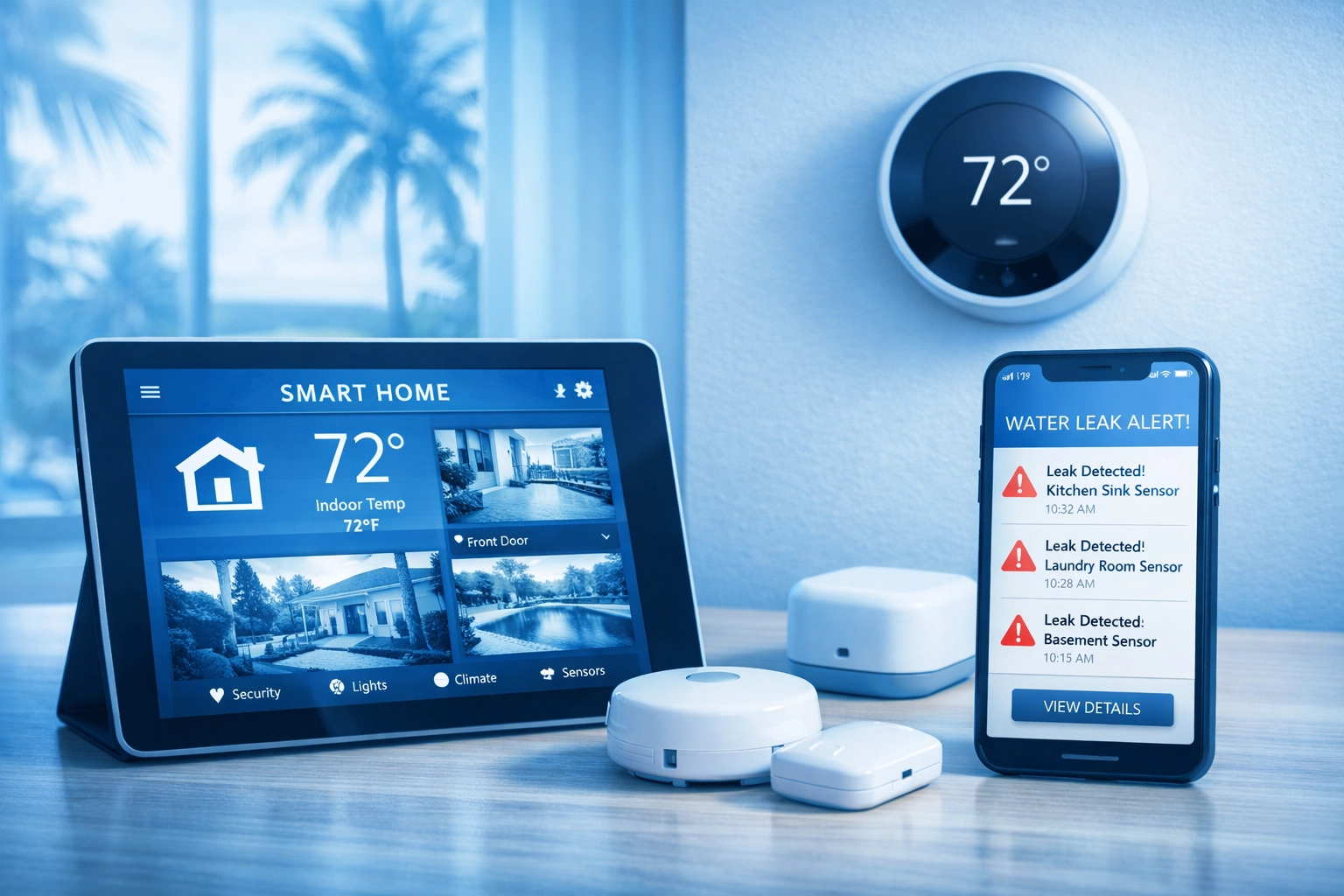 Smart home monitoring devices displaying security and temperature controls for Florida property management