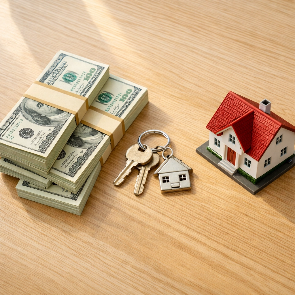 Cash and house keys representing home sale value and repair investment costs