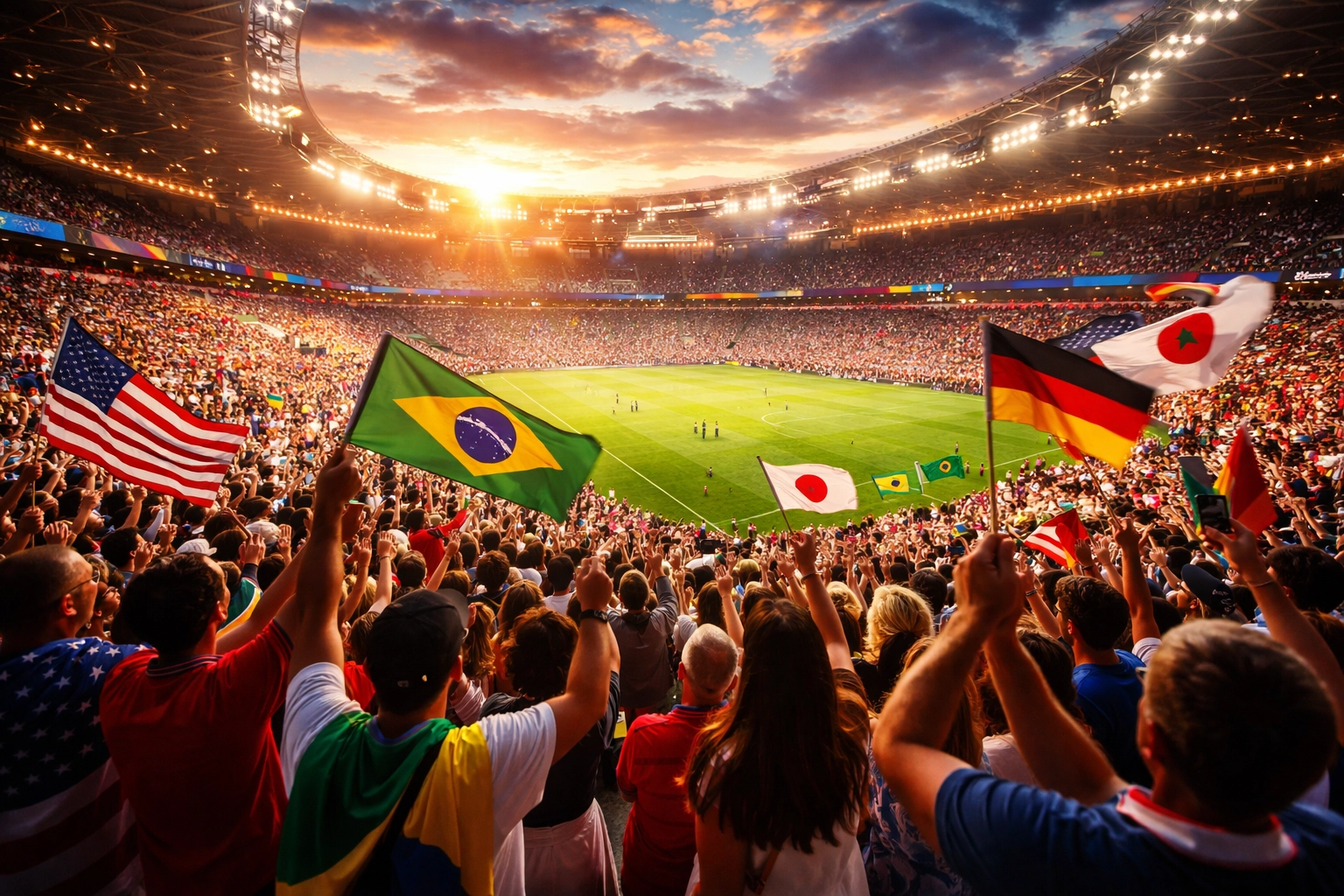 Packed international sports stadium at golden hour, fans celebrating the excitement and global reach of major sporting events.