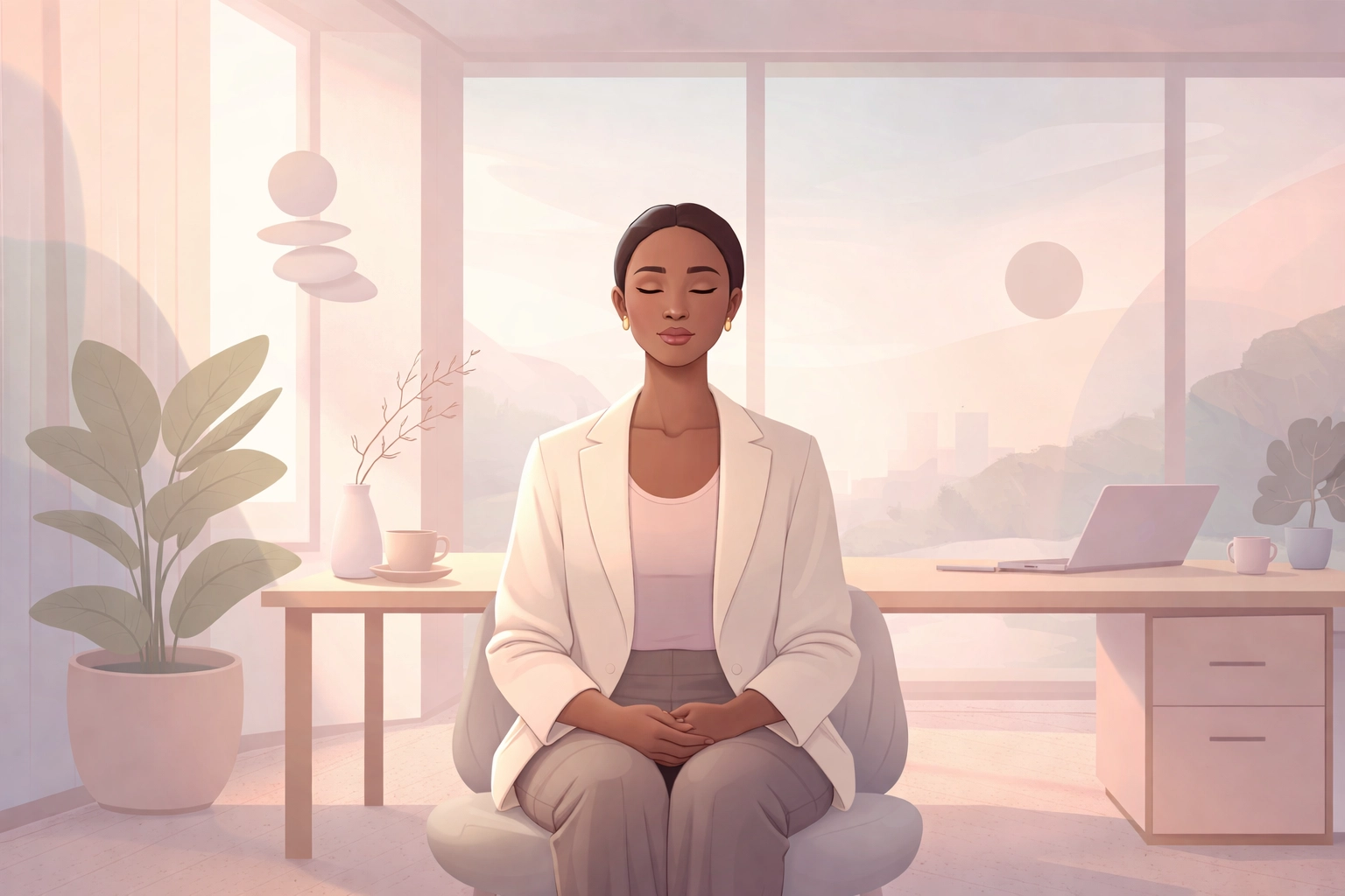 Calm executive practicing mindfulness in a modern office, illustrating proactive resilience for workplace wellbeing.