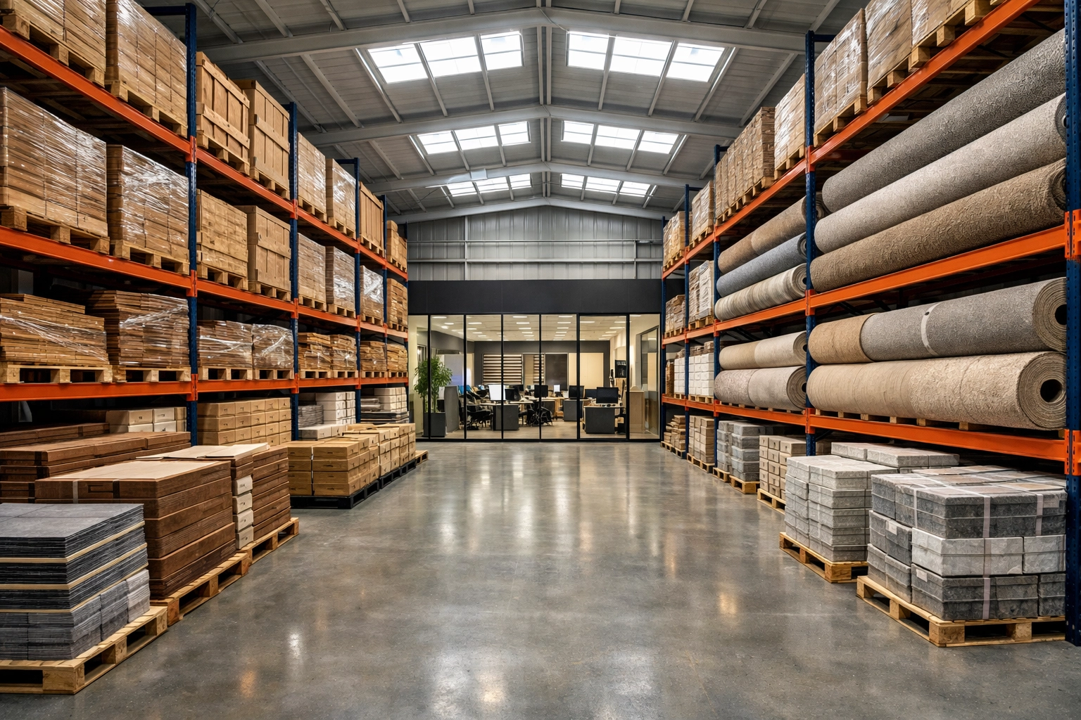 Modern flooring contractor warehouse with stacked hardwood and tile pallets for organized inventory storage.