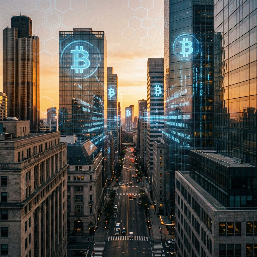 Futuristic financial district blending Bitcoin and traditional assets, representing digital asset integration