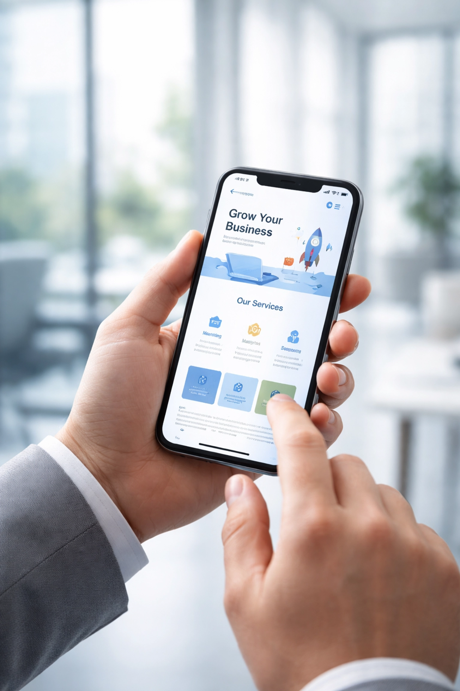 Hands holding smartphone with engaging webpage in bright office, illustrating digital value propositions.