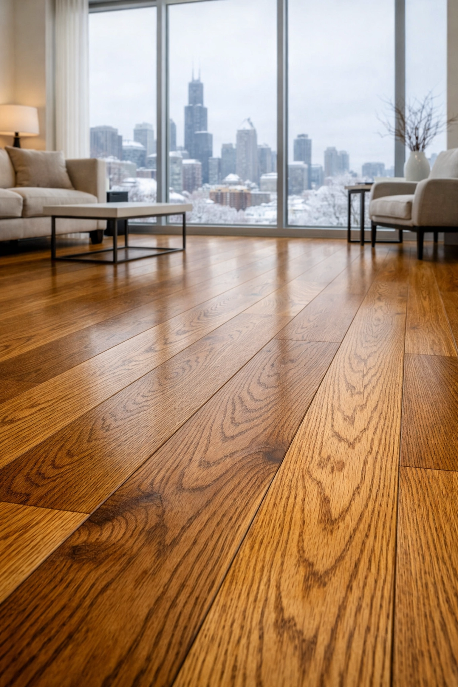 Oak hardwood floors in Chicago living room with winter skyline view