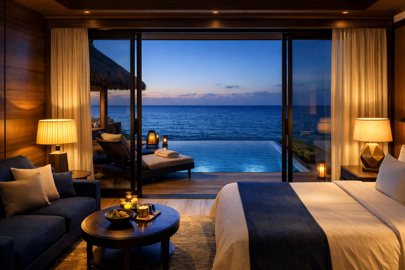 Luxury Caribbean all-inclusive resort suite with an oceanfront infinity pool and private terrace.