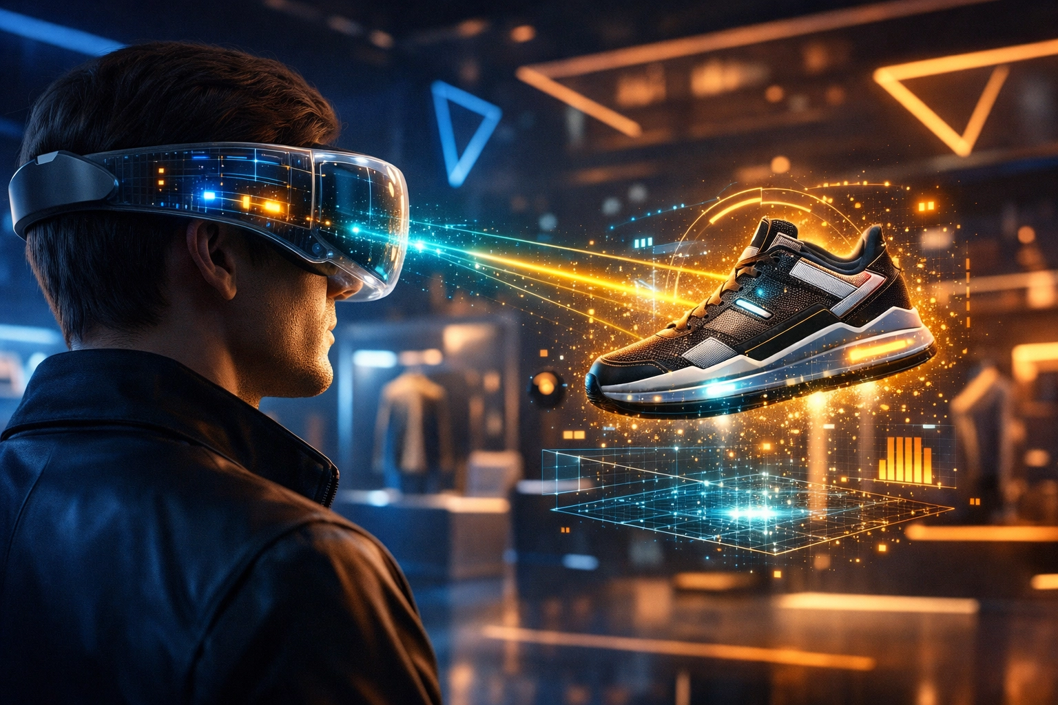 Shopper in a VR headset exploring a digital boutique using Larecoin.ai spatial intelligence for Metaverse commerce.