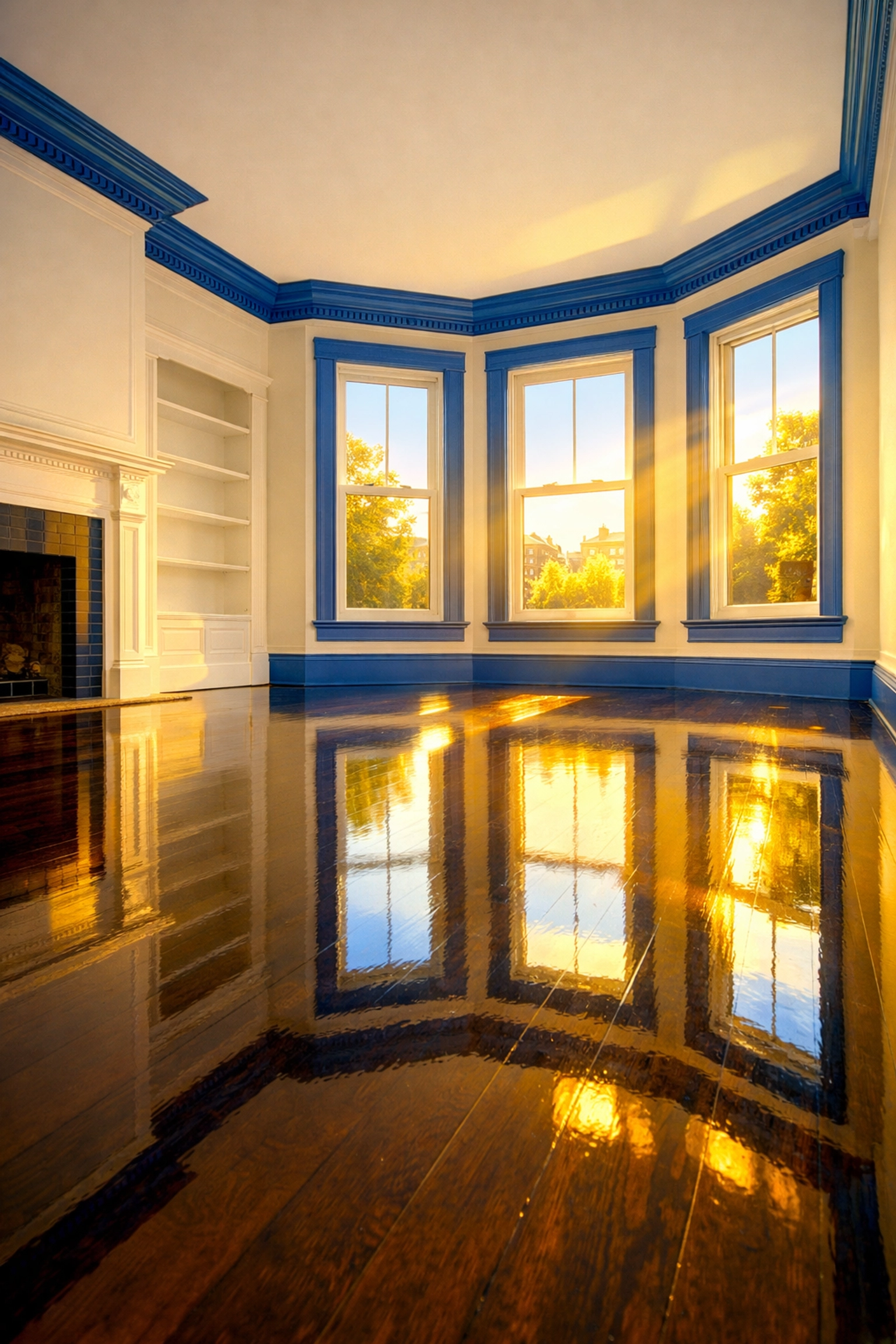 Polished hardwood floors in a sun-drenched Cambridge brownstone after professional move-out cleaning.