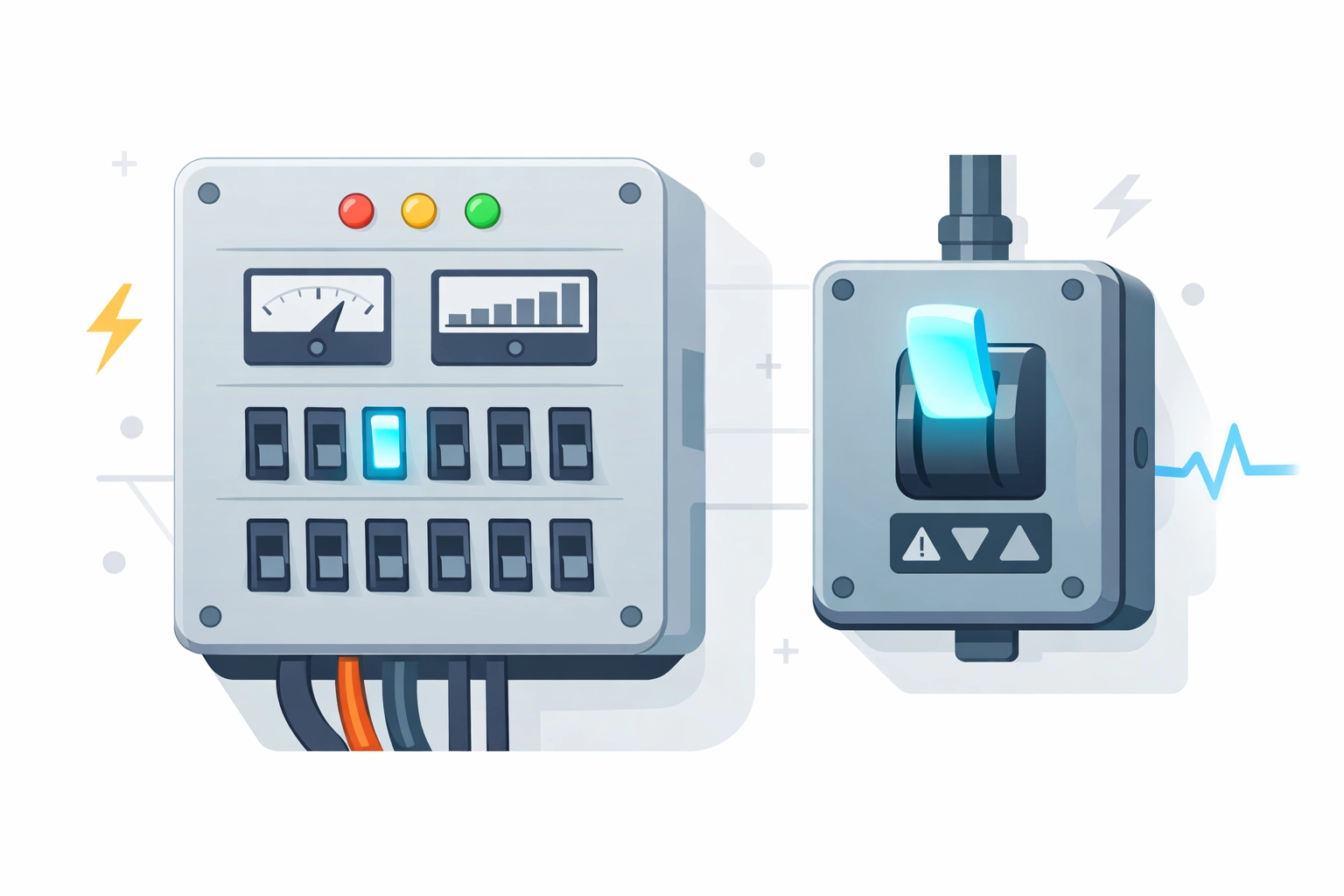 Illustration showing a commercial door isolation switch and power panel for troubleshooting.
