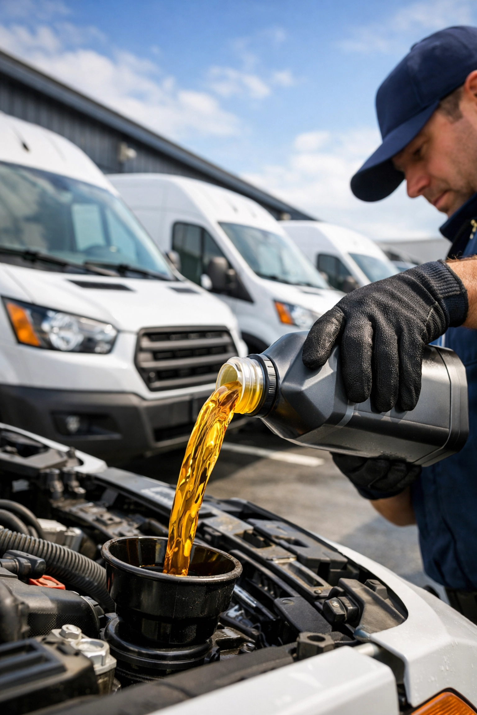 Mobile mechanic performing fleet maintenance and a mobile oil change on a commercial delivery van.