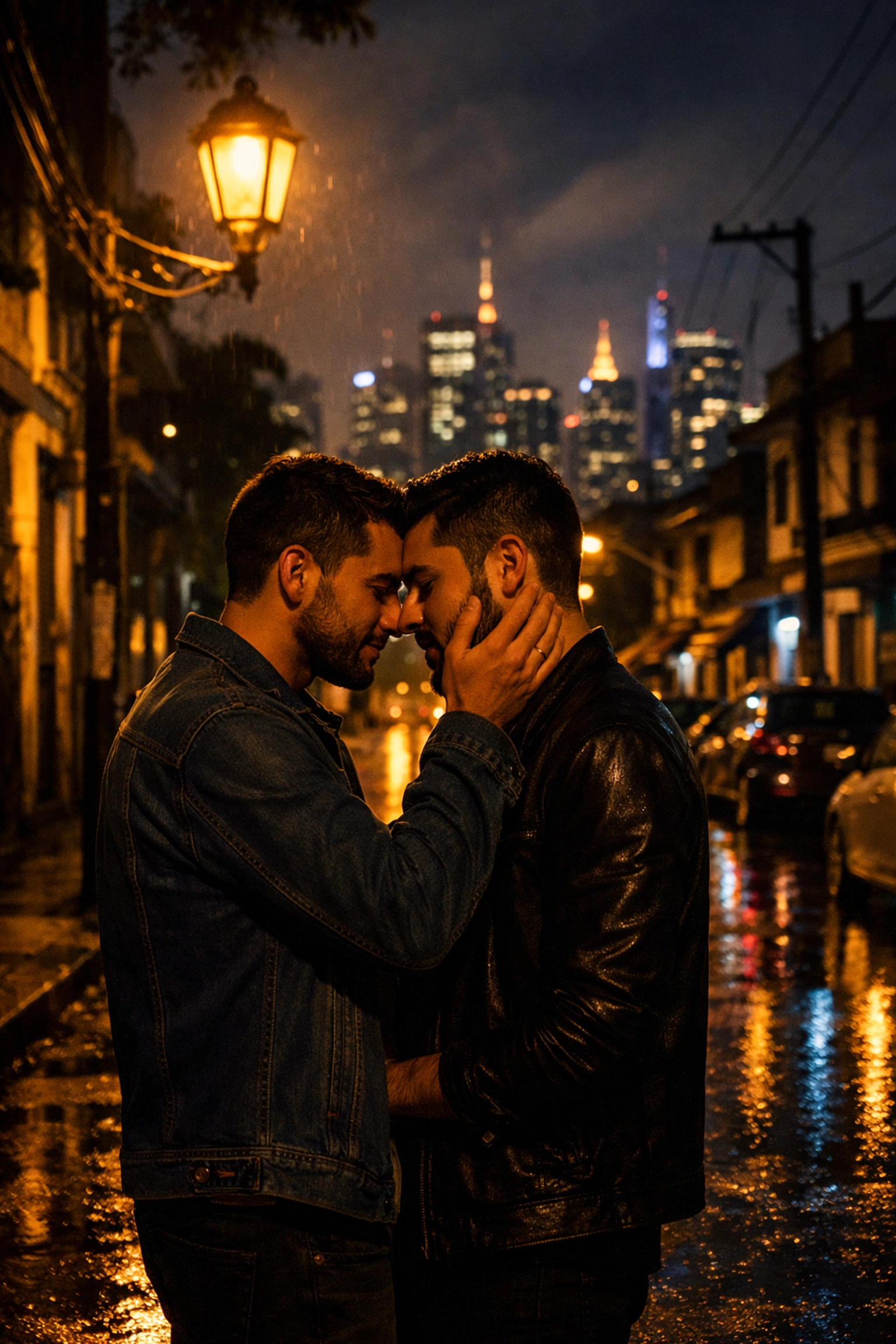 A romantic embrace between two men on a rainy São Paulo street, evoking gay contemporary romance.