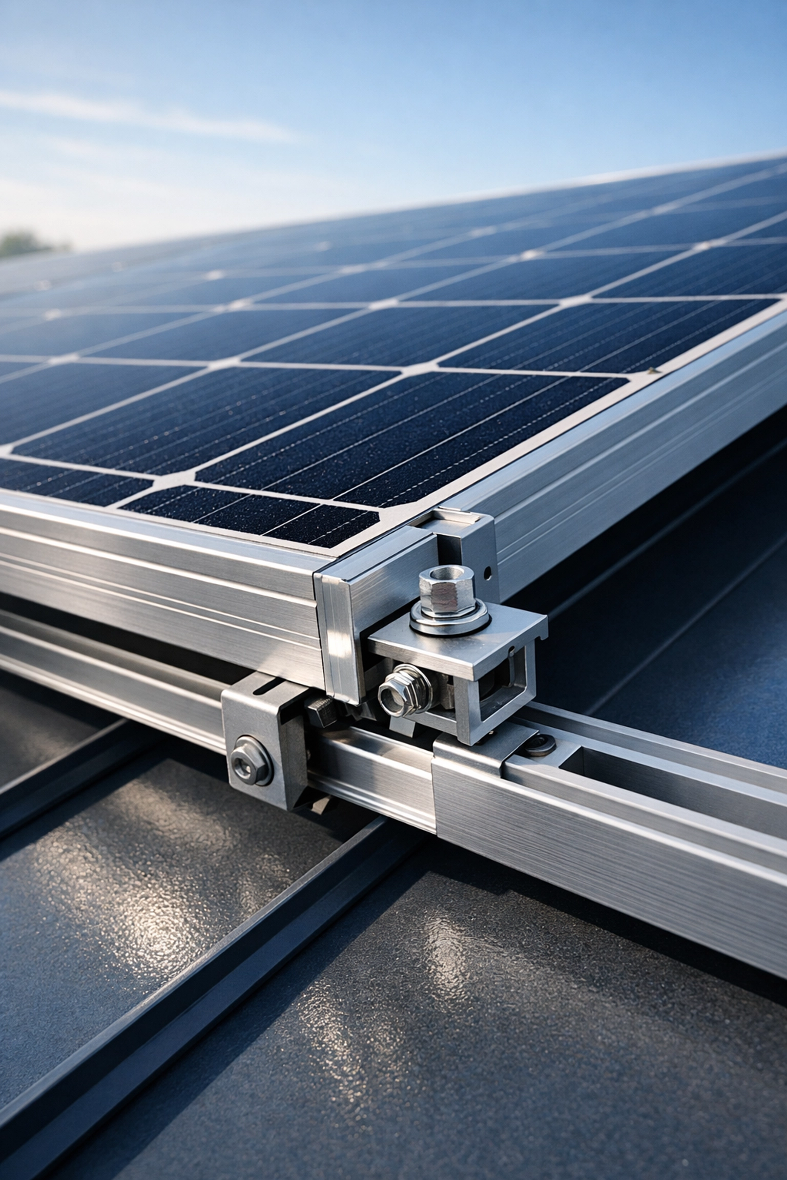 High-quality monocrystalline solar panels and mounting system on a commercial building roof.