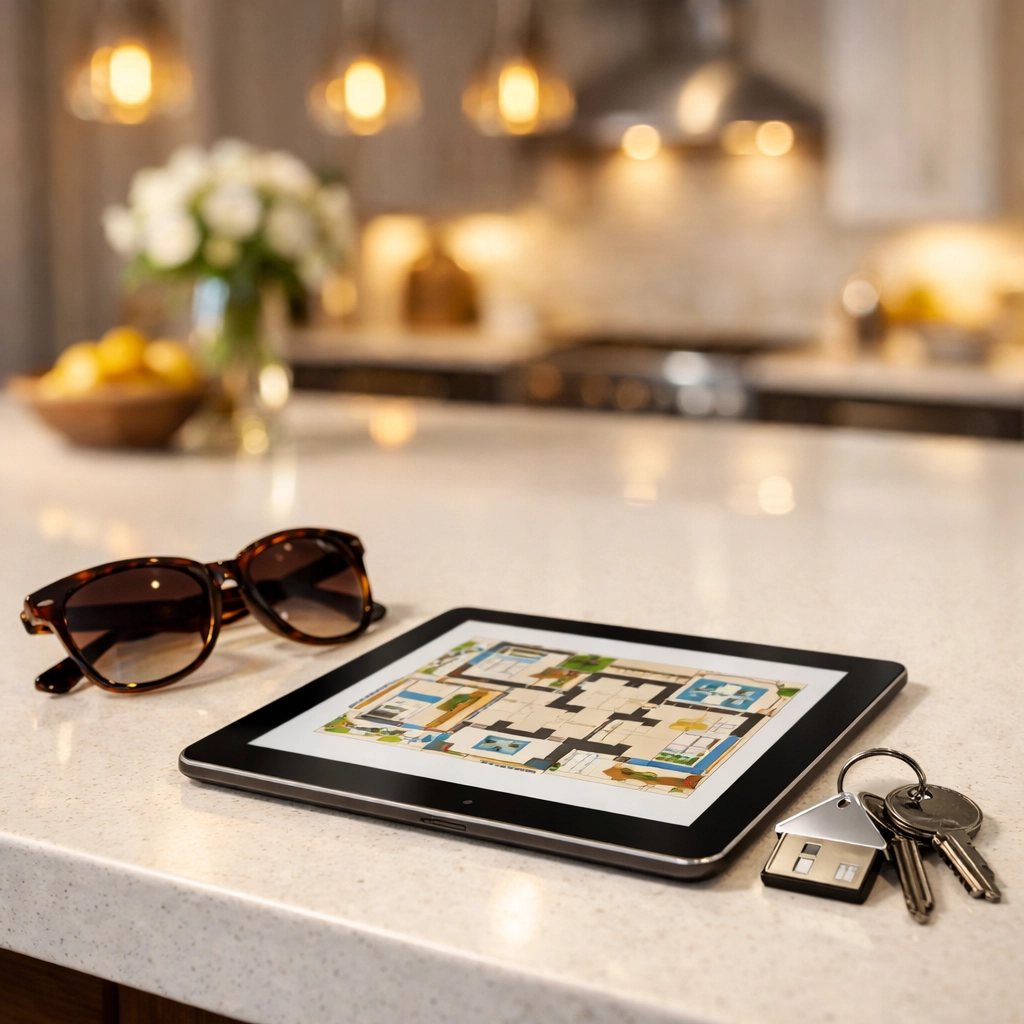 Home blueprints and house keys on a luxury kitchen island illustrating new construction planning.