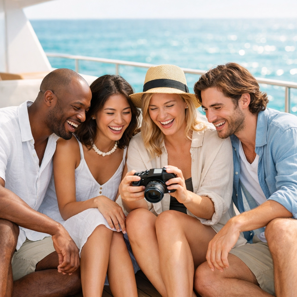 A group of diverse travelers laughing on a liveaboard deck during a community scuba diving trip.