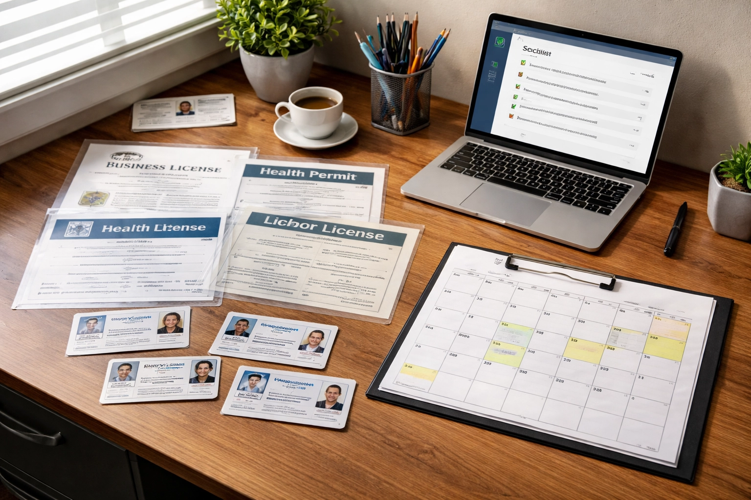 Restaurant manager's desk organized with permits and certifications for multi-state compliance management