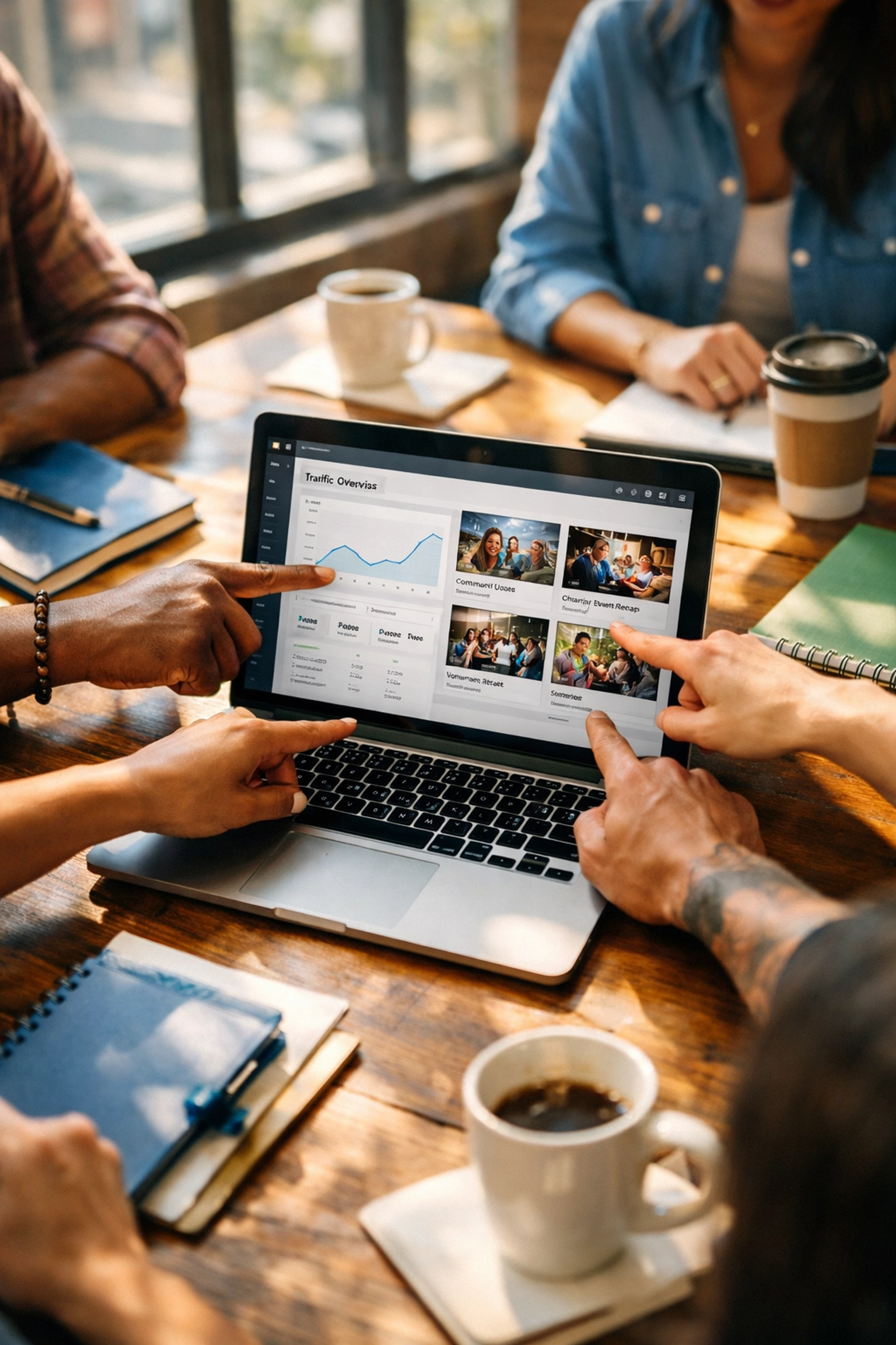 Nonprofit team collaborating on digital marketing strategy with website analytics and video content planning