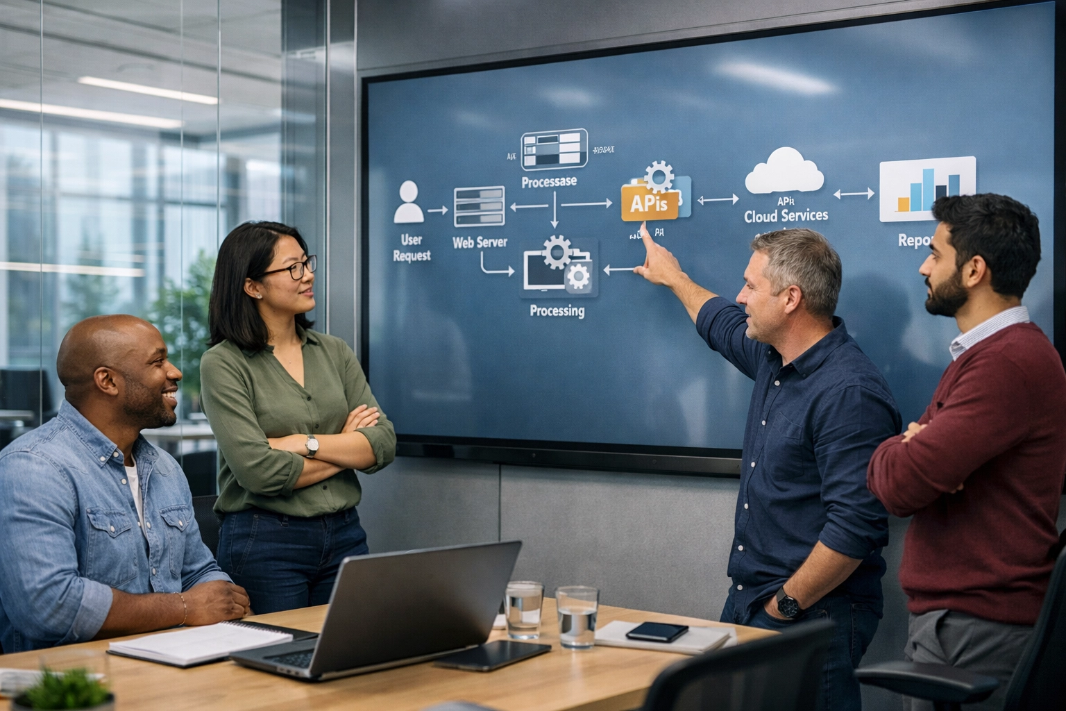 ServiceNow implementation partner team collaborating on a digital workflow strategy in a modern office.