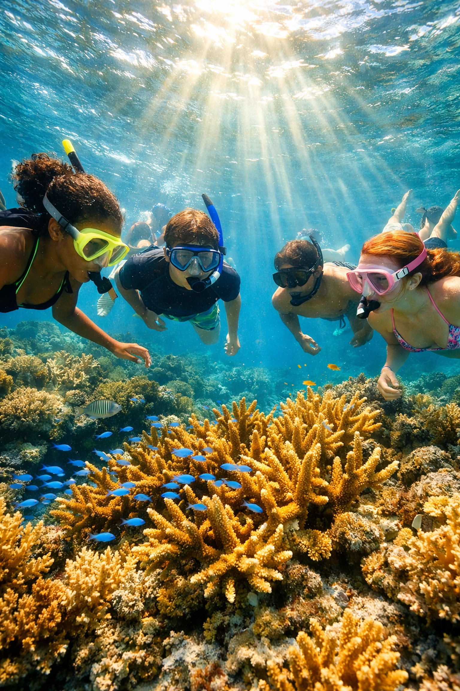 Students snorkeling over a vibrant Caribbean coral reef during a marine science conservation trip.