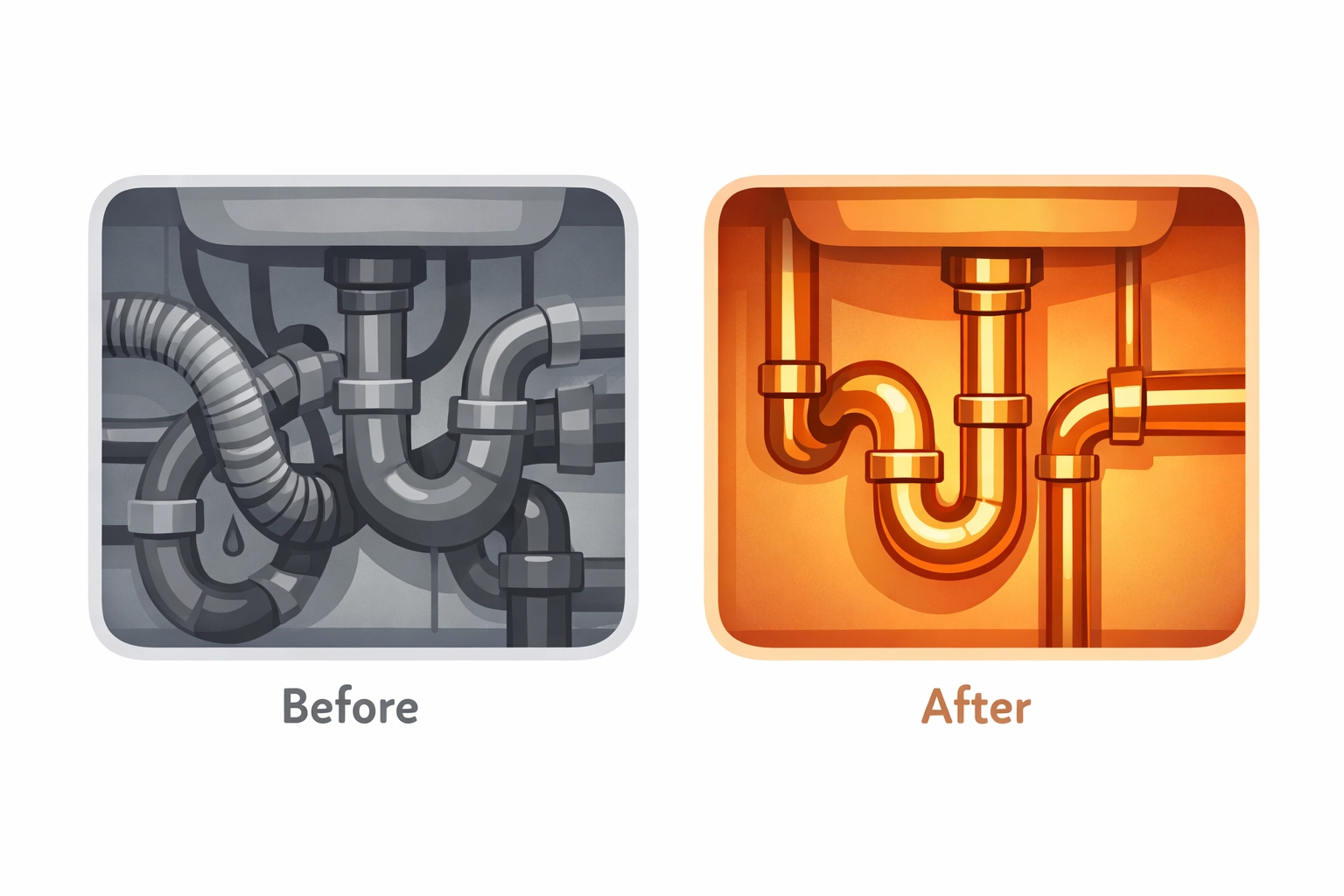 Professional before and after photo app comparison showing plumbing job documentation.