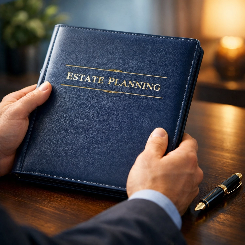 A person holding an estate planning portfolio in a Creek County office with a professional pen.