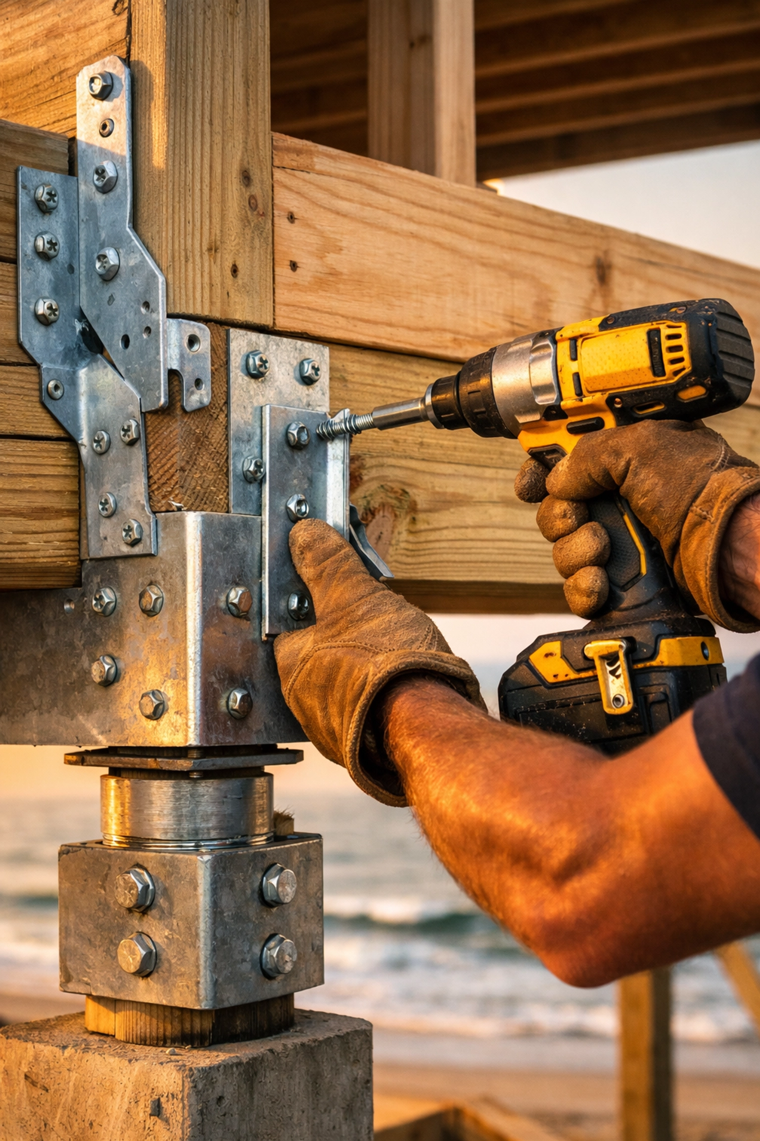 Hurricane strap installation on coastal NC home foundation with ocean in background