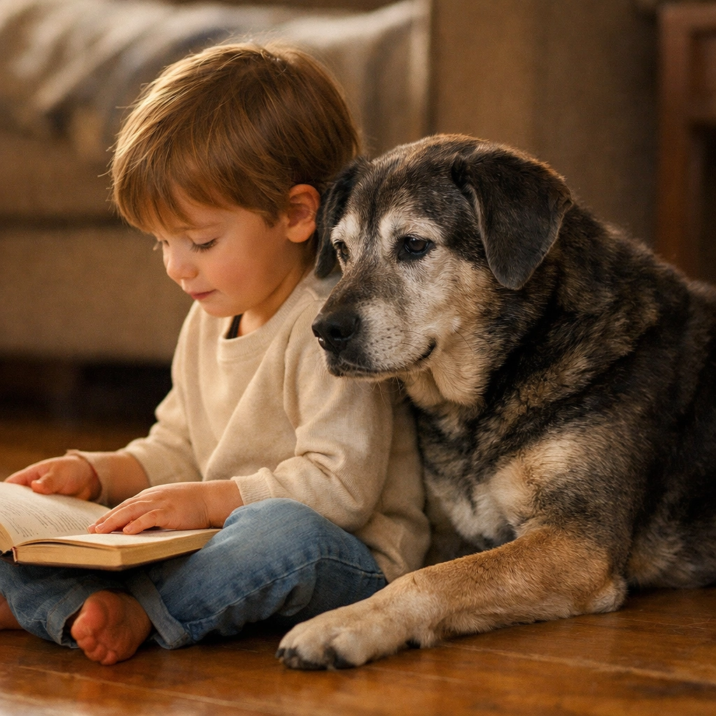 Gray-muzzled senior rescue dog sitting patiently beside child reading book