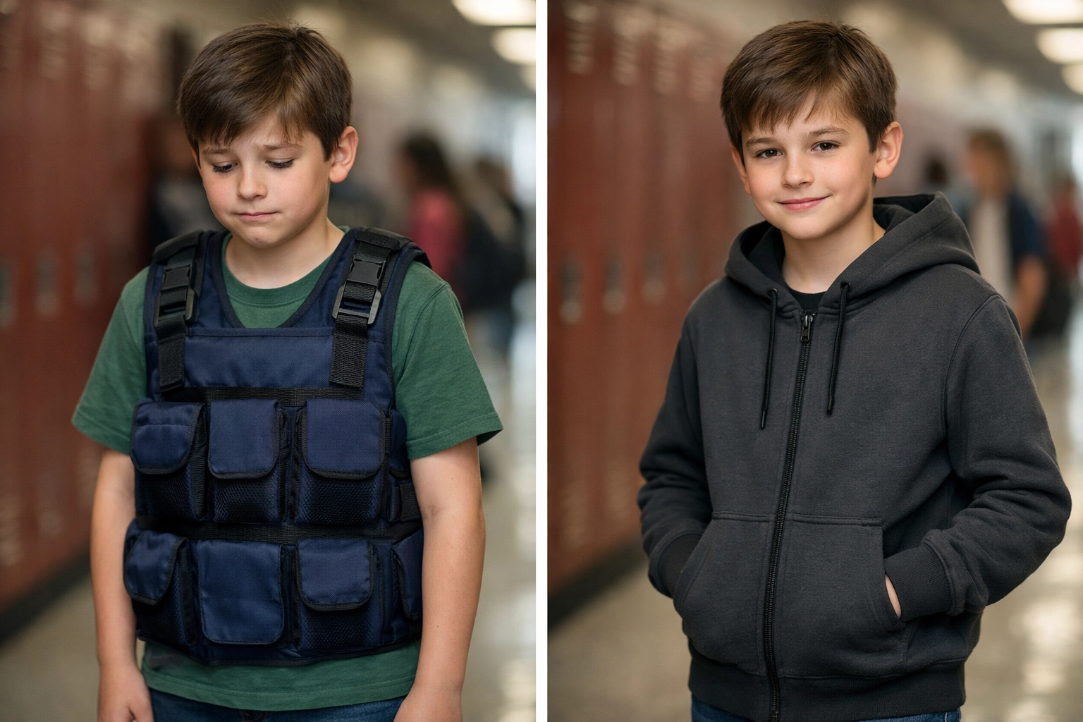 Child in traditional medical weighted vest vs modern weighted hoodie showing confidence difference