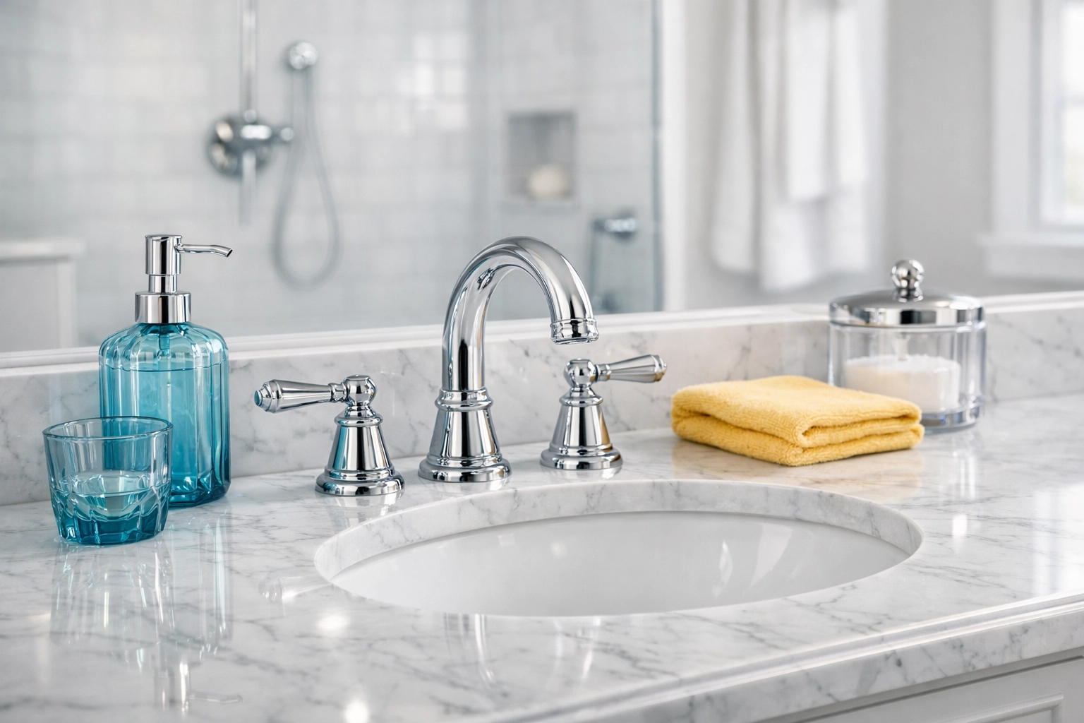 Spotless bathroom vanity with marble countertops highlighting the results of a professional deep cleaning.