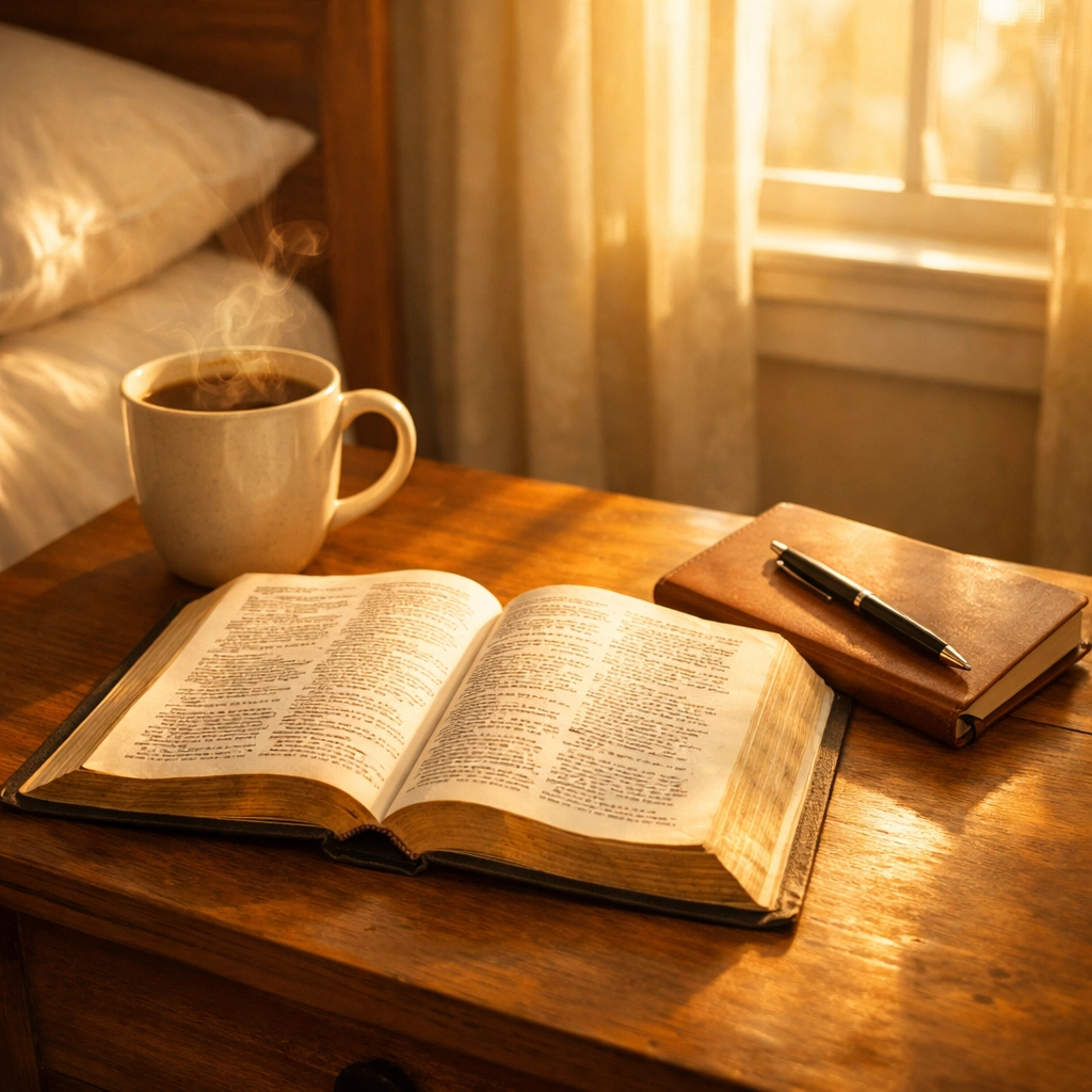 Open Bible with coffee and journal on bedside table in morning sunlight for peaceful routine