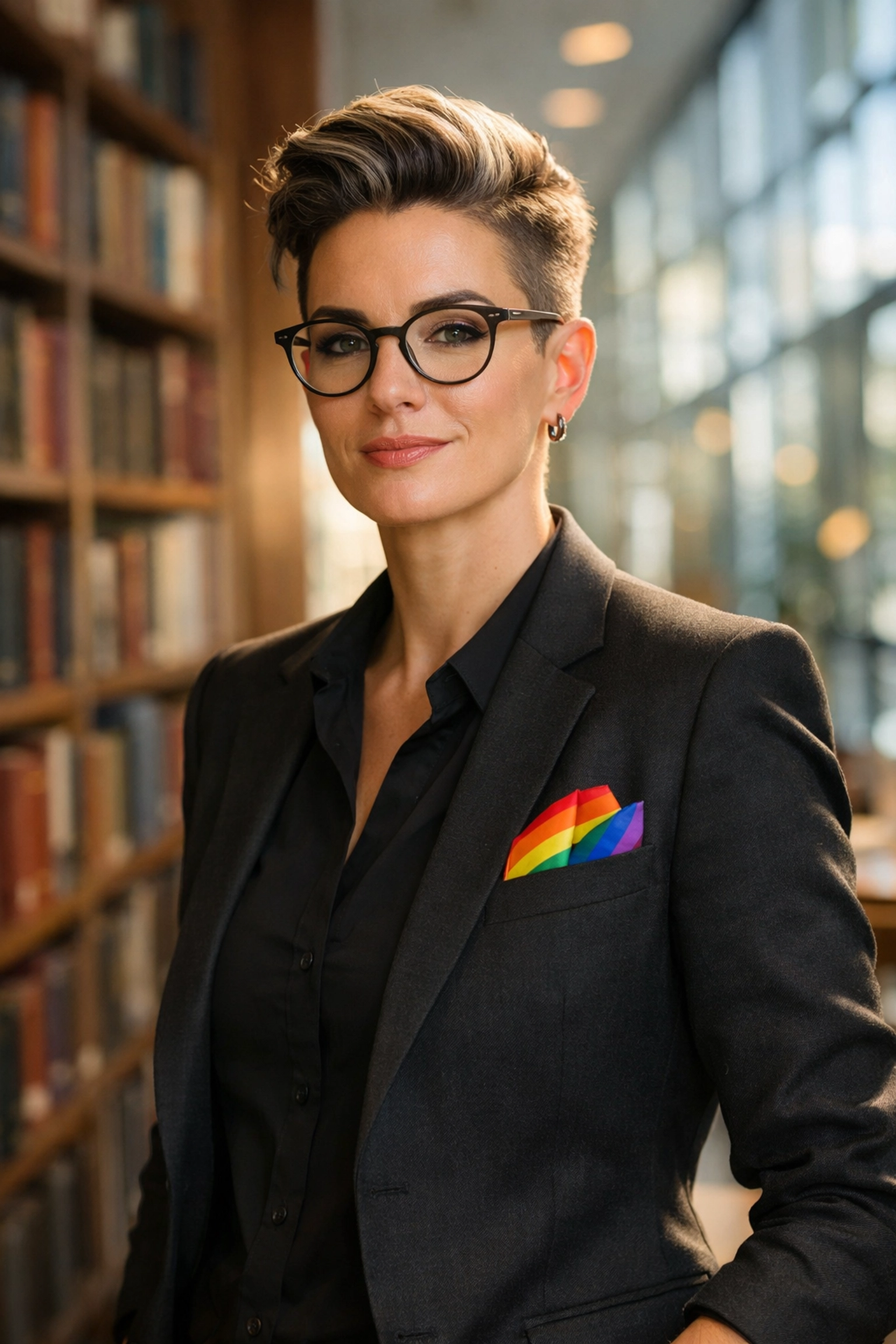 Confident queer professor in a library with a pride pocket square, representing leadership and agency in academia.