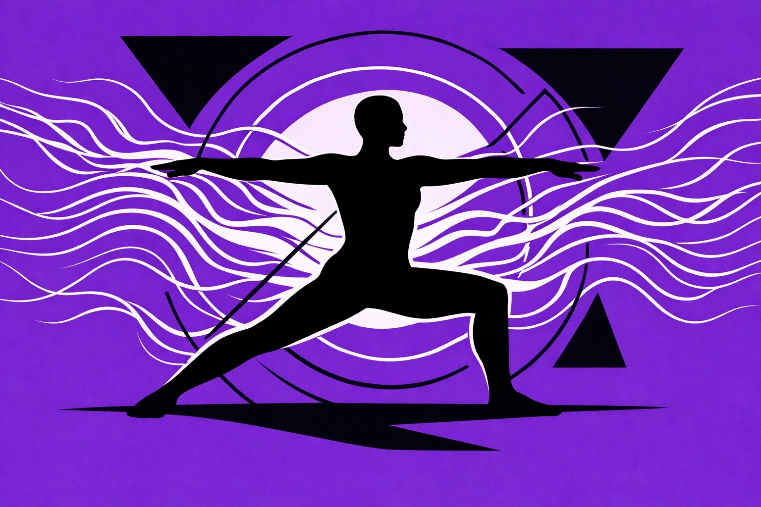 Minimal faceless silhouette in Warrior II with abstract neural pathways and heat-wave patterns, purple geometric overlays