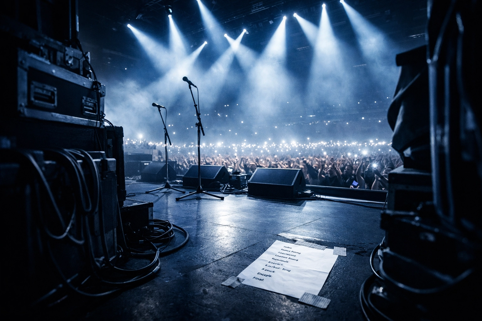 Behind-the-scenes view of concert stage with lights and crowd