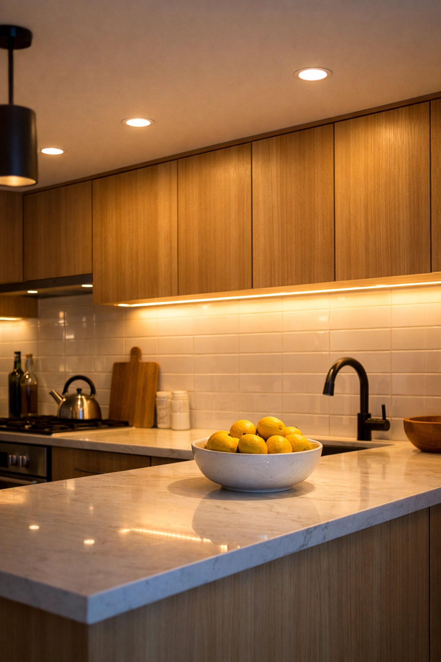 Modern Central Ohio kitchen featuring integrated LED under-cabinet lighting and recessed ceiling lights.