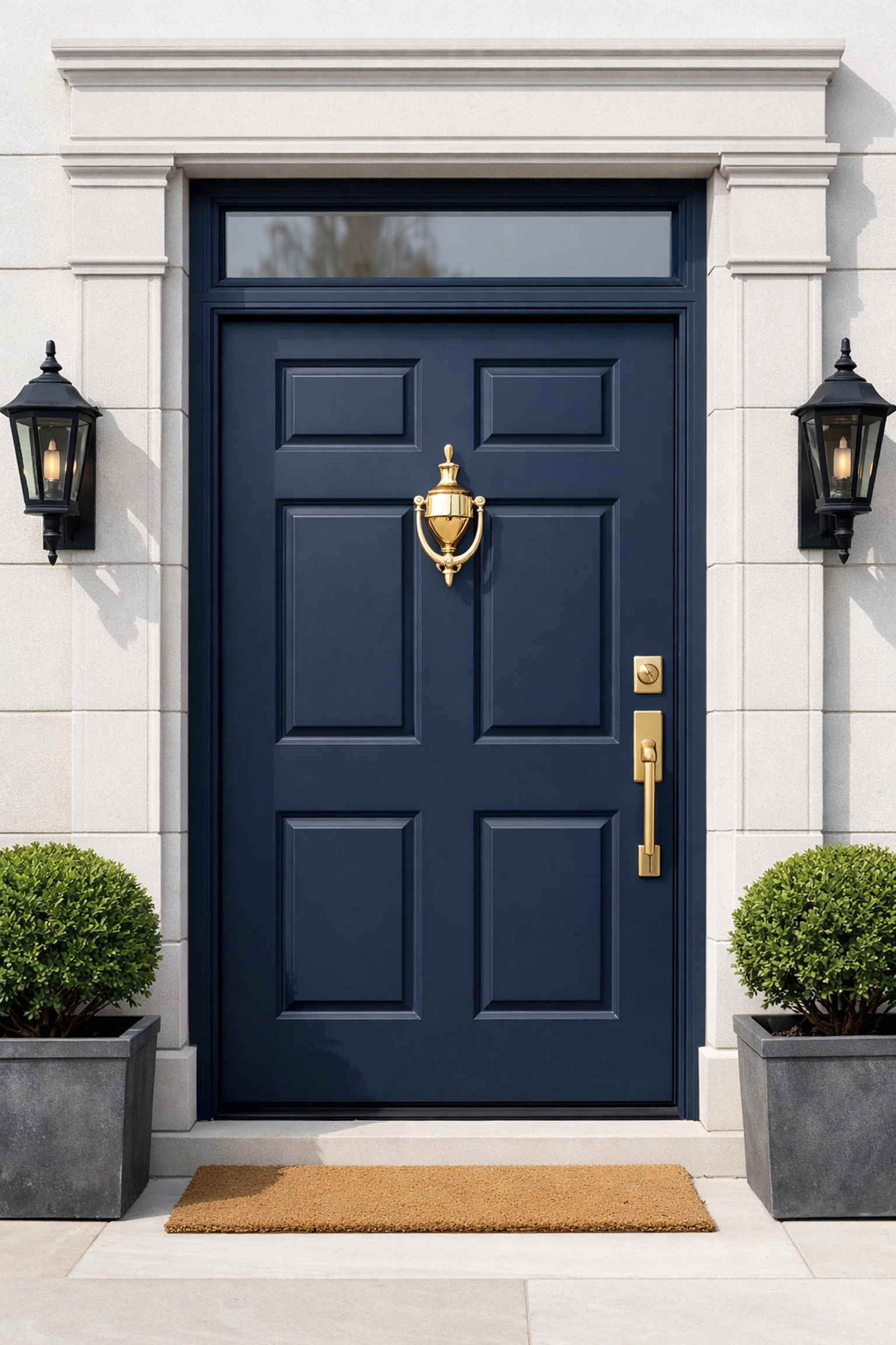 Navy blue front door with brass hardware and stone masonry in Cheltenham to boost curb appeal.