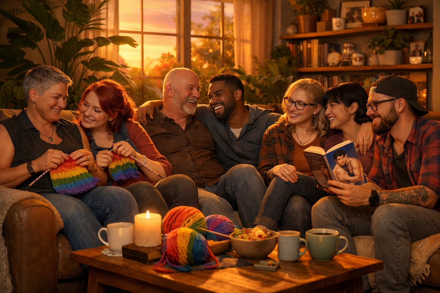 Queer friends enjoying a hobby night with MM romance books and knitting, building a supportive LGBTQ+ found family.