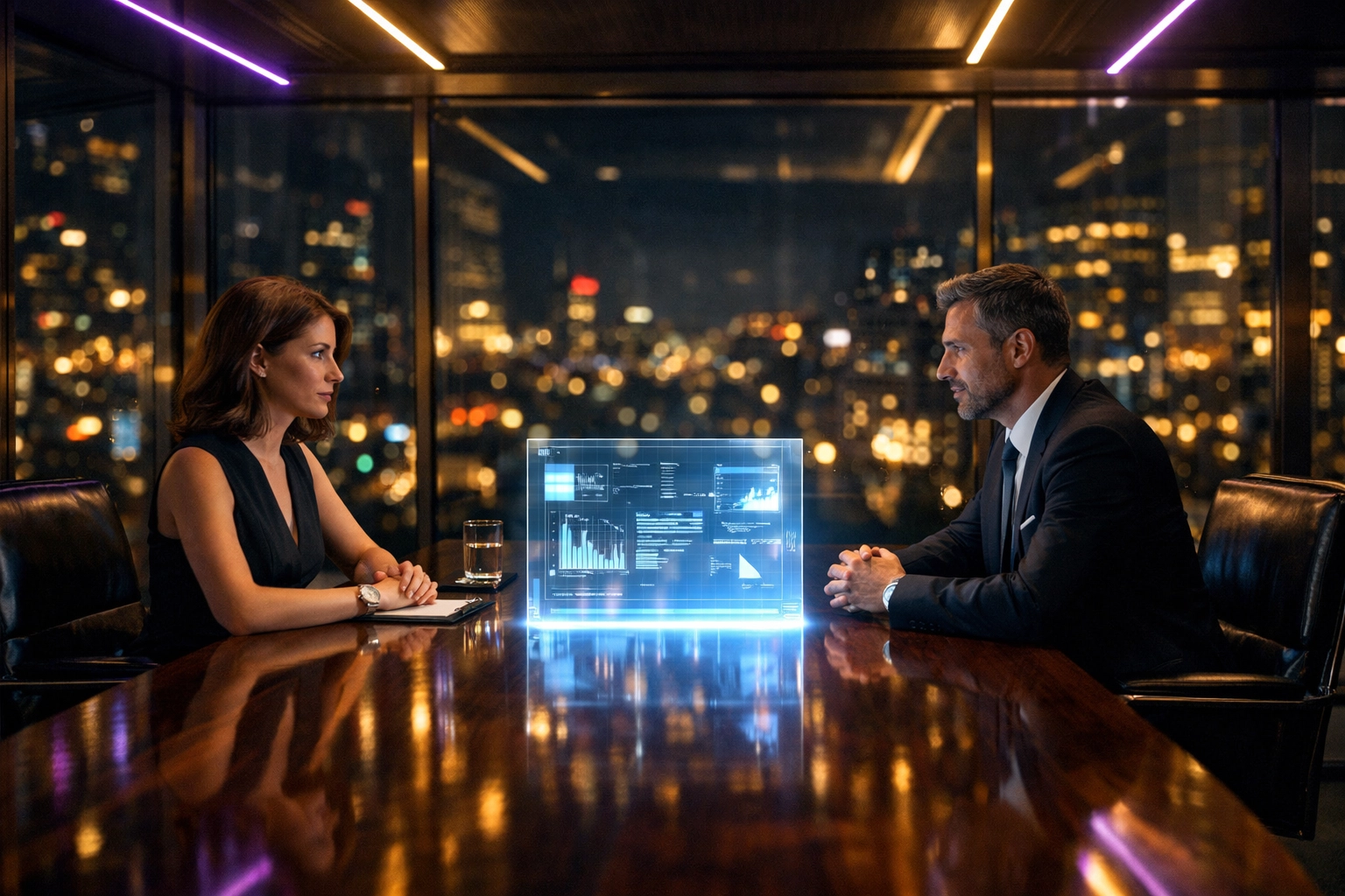 Coworkers disclosing their relationship during a professional meeting in a high-tech office.