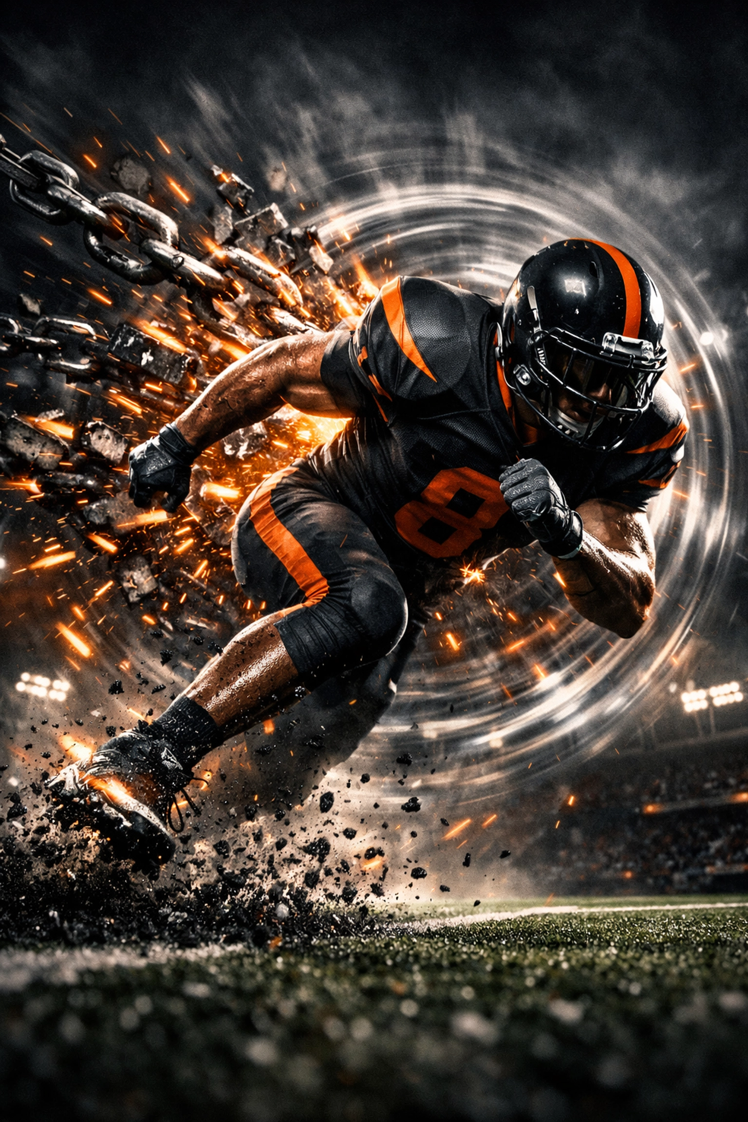 Football player exploding into a sprint, shattering chains to symbolize removing speed brakes via AFSM training.