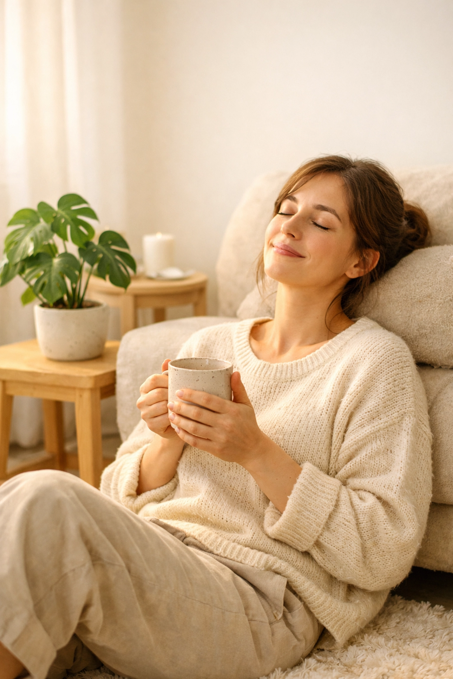 A person relaxing at home with a mug, practicing gentle body awareness and mindful self-care.