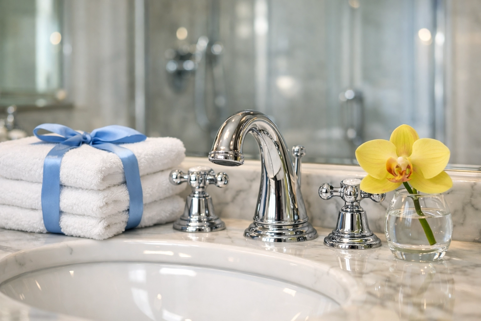 Spotless luxury bathroom vanity showing the high hygiene standards of residential cleaning services in Needham.