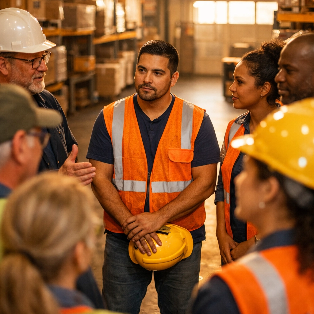 Warehouse team gathered for safety briefing, representing the Guardian archetype's collaborative workplace safety culture