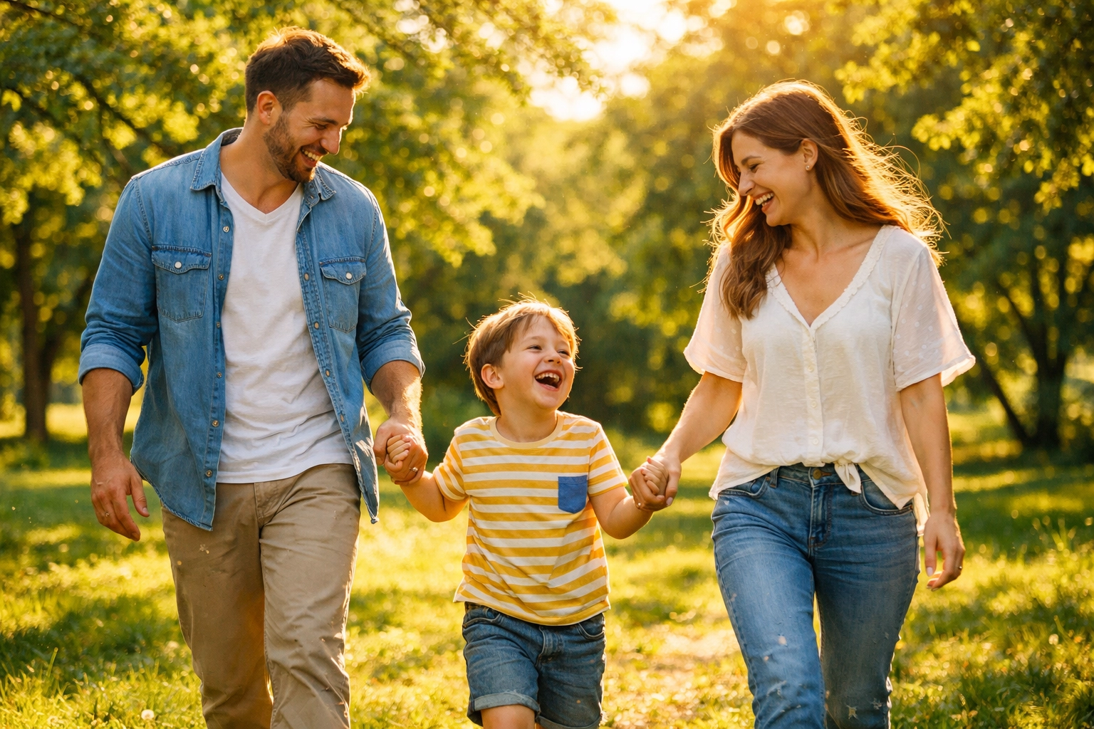 A happy Christian family walking in a park, showing the fruit of the Spirit in daily life.